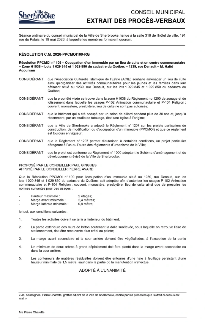 Decision de la ville de Sherbrooke